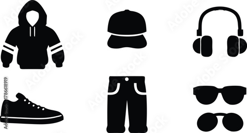 Collection of urban fashion items in silhouette isolated on white background