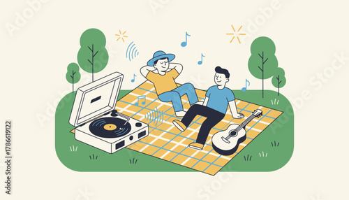 An outdoor picnic with a portable turntable playing vinyl capturing the carefree spirit of music in nature.