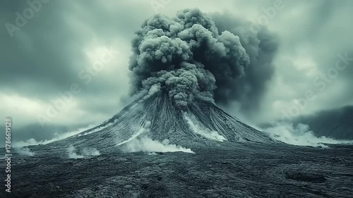 Erupting volcano with ash clouds and lava flow