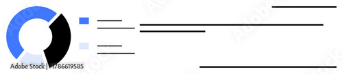 Circular chart divided into sections with blue and black, alongside horizontal text lines. Ideal for analytics, infographics, reports, business, education, strategy presentations. Simple flat