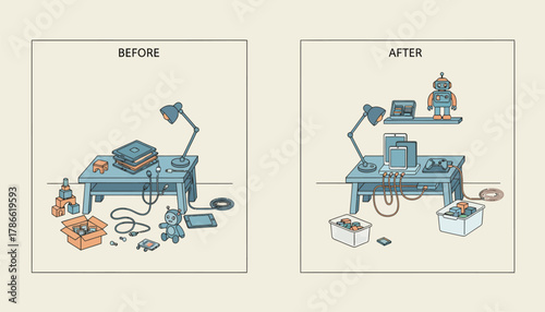 A split image showing a childs room before and after implementing tech organization techniques highlighting a balance between digital and physical spaces.