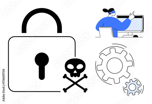 Lock and crossbones representing cyber threats, gears symbolizing system functionality, individual examining computer. Ideal for cybersecurity, hacking, data protection, IT, system control, malware