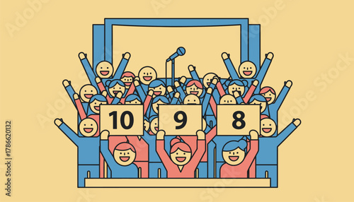 A jubilant crowd at a karaoke contest with judges holding scorecards capturing the excitement and anticipation of the performances.