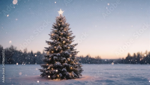 A beautifully decorated Christmas tree stands in a snowy landscape at dusk.