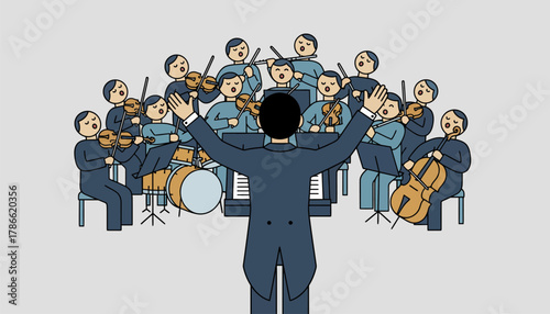 A perspective from behind a conductor their arms raised high directing an orchestra ready to burst into song.