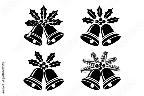 Festive Christmas bells adorned with holly and pine branches