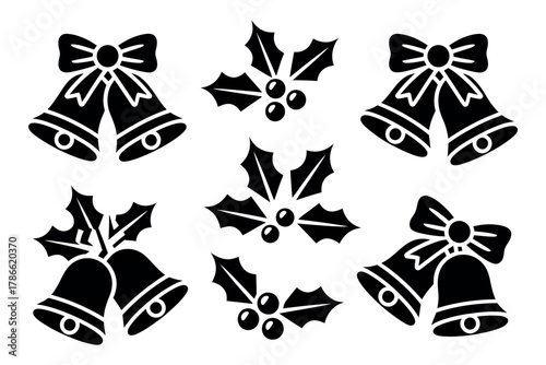 Festive Christmas bells and holly leaves with bows, a charming holiday design element.
