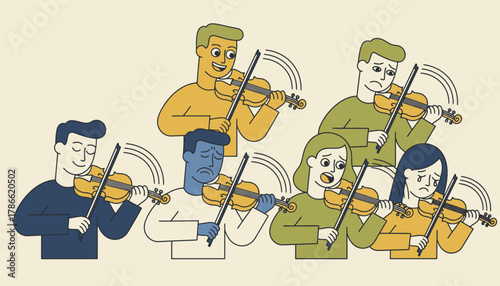 An ensemble of string players showing the delicate movements of bows on violins with an array of emotions captured on their faces.
