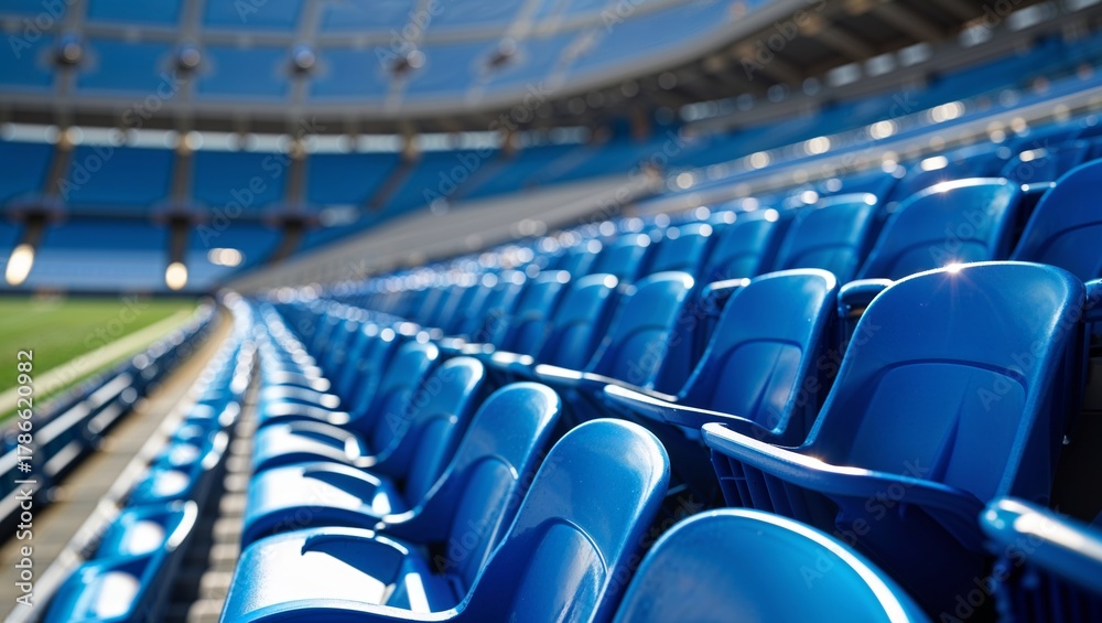 Fototapeta premium Empty stadium seating in bright blue, ready for a sporting event