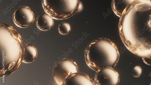 Abstract Golden Bubbles Floating in Dark Space.