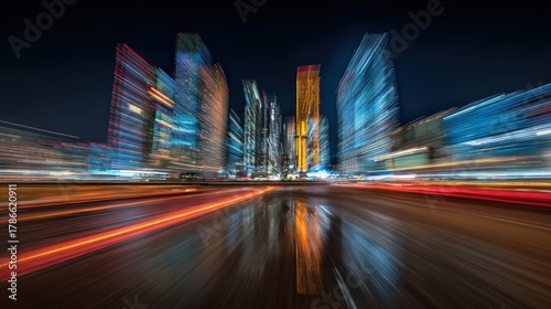 Streaks of light and blurred skyscrapers illustrate rapid urban movement at night