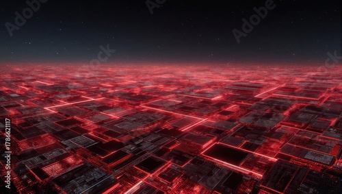 Abstract Red Grid Landscape with Glowing Lines.