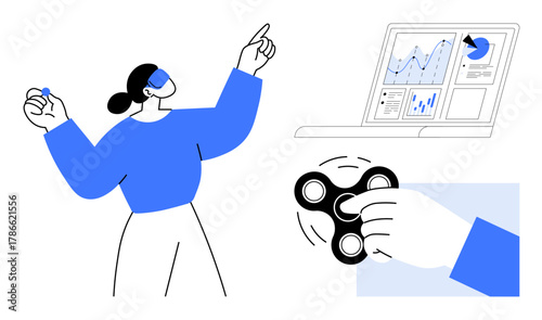 Woman gestures thoughtfully toward data charts on a laptop. Hand spins a fidget spinner. Ideal for focus, productivity, multitasking, analytics, innovation, data visualization, and work-life balance