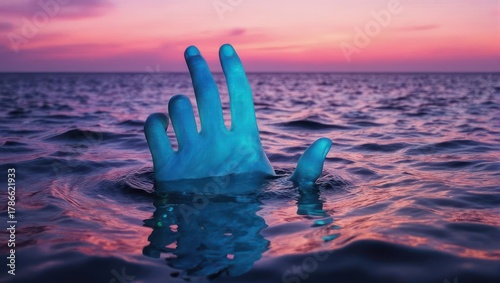 A hand emerging from the ocean at sunset symbolizing drowning or distress.