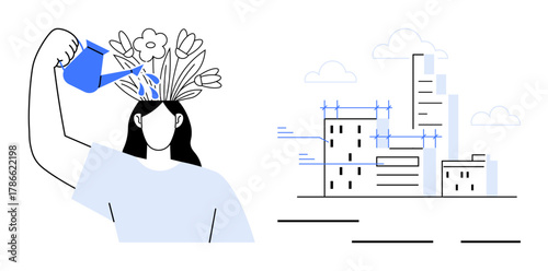 Person watering blooming flowers on their head symbolizes self-growth and creativity nearby a cityscape represents innovation and progress. Ideal for personal growth, creativity, innovation, urban