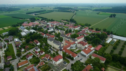 Aerial view around the monastery Schönbrunn in Germany., Bavaria on a sunny afternoon in spring.