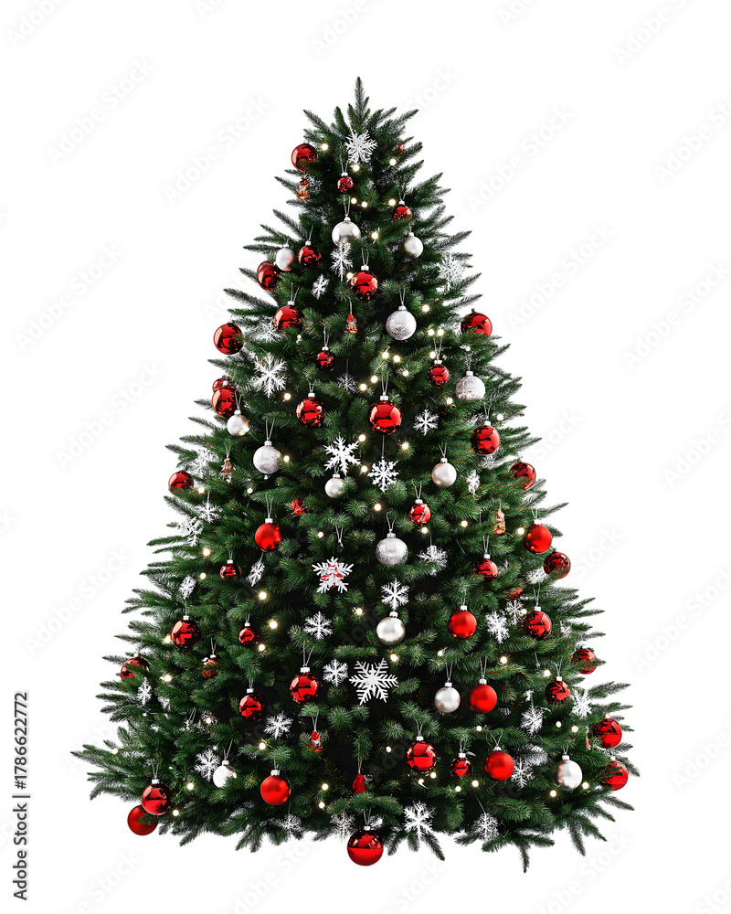 Fototapeta premium Decorated Christmas Tree With Red And Silver Baubles On Transparent Background