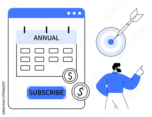 Interactive calendar marked as Annual, dollar icons representing payment, dartboard as goal, and figure pointing at elements. Ideal for plans, goals, savings, strategy, investment scheduling simple