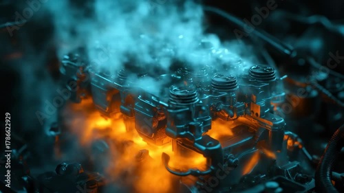 Close-up of a powerful engine glowing orange amidst teal smoke, dynamic and intense