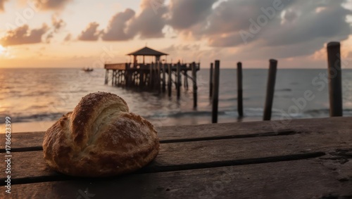 Croissant on a wooden pier at sunrise with a tropical pier in the background.
