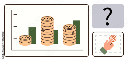 Stacked coins on bar chart representing financial growth and question mark hinting at future planning. Ideal for business, investment, analytics, decision-making, strategy, finance, growth. Simple