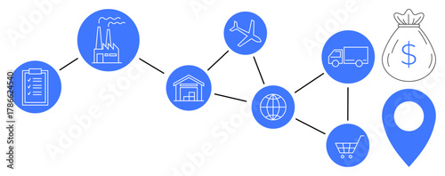 Supply chain flow showing icons for factory, warehouse, airplane, truck, shopping cart, location marker, money bag, and globe. Ideal for business logistics trade economy delivery manufacturing