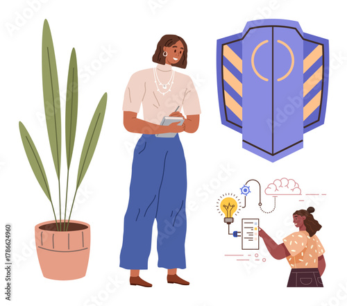 Woman jotting ideas, shield symbolizing security, concept sketch of ideas, tall indoor plant. Ideal for creativity, innovation, technology, security growth teamwork brainstorming. Simple flat