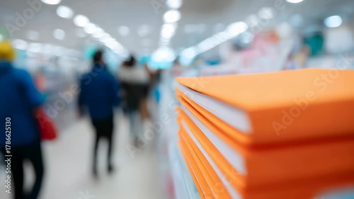 Colorful spiral notebook on store shelf with blurred people shopping in background for back to school supplies or office stationery.