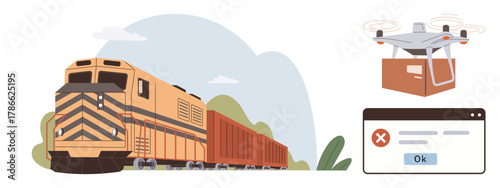 Freight train carrying goods, quadcopter delivering package, and error popup suggest logistics, automation, technical errors. Ideal for transport, innovation, delivery, automation logistics