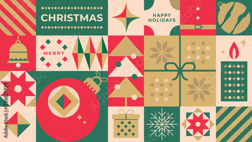 Geometric Christmas holiday pattern with festive ornaments