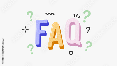 Colorful FAQ concept with bold 3d letters and playful question marks on white background