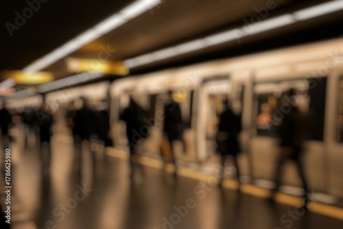 Abstract blurred of passengers walking on walkway at railway station use for the background. Blurred people waiting for subway at station, transportation background. background of people in subway