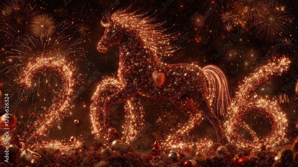 Naklejka premium Festive celebration with fiery horse and fireworks illuminating 2026 new year night