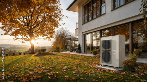 Modern heat pump on lawn with autumn leaves by contemporary house at sunset