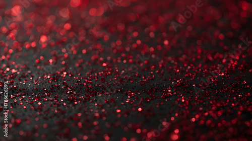 Abstract blur red glitter on black background.