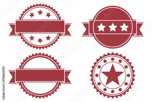 Collection of four red award seals with ribbons and stars on a white background