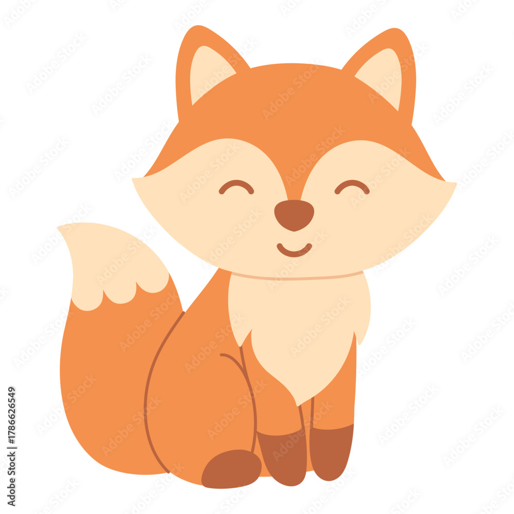 Obraz premium Cute cartoon fox sitting happily. Cozy autumn animal simple illustration symbolizing warmth, nature and woodland charm in fall season design. Flat vector. Hand drawn. Isolated background.