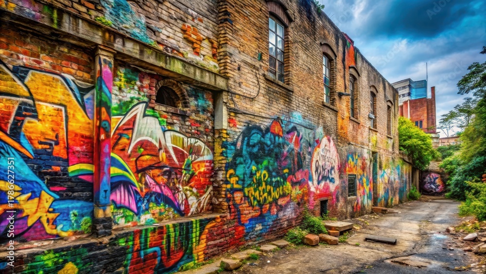 Fototapeta premium old stone wall covered in vibrant street art graffiti