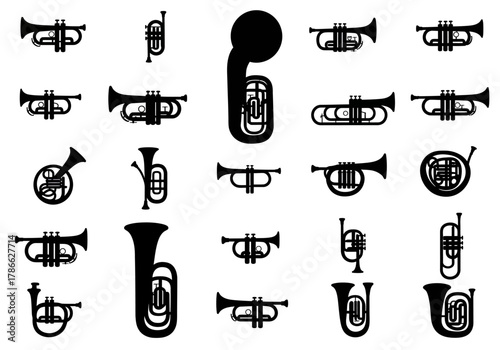 Black silhouettes of various brass musical instruments arranged in a grid pattern