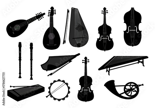 Black silhouettes of various string wind and percussion musical instruments