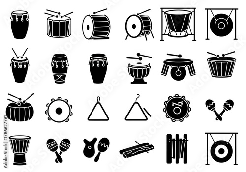 Collection of black and white silhouette icons representing various percussion musical instruments