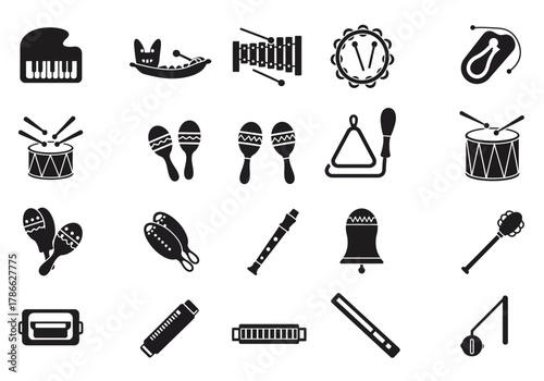 A grid of twenty black silhouette icons representing various musical instruments