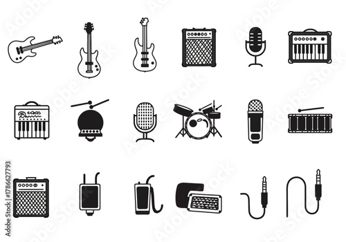 Black and white icons of musical instruments and audio equipment arranged in three rows