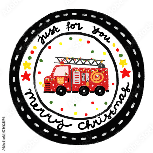 cute christmas xmas Rounded sticker stamp delivery package gift label tag with fire truck engine vehicle transportation in kids doodle hand drawn watercolor crayon illustration vector
