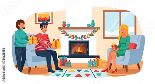 Festive Family Christmas Holiday Celebration with Presents Near Fireplace