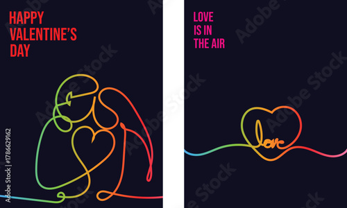 Romantic couple embracing in a heart shape with colorful line art and happy valentines day text