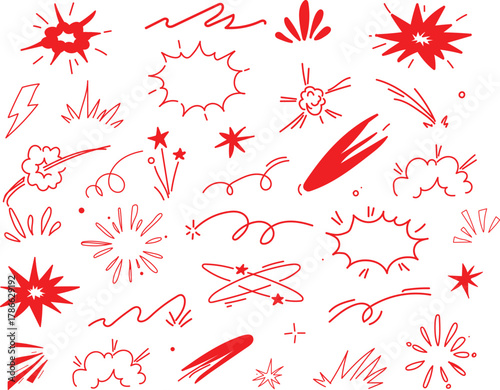 Collection of hand drawn red abstract graphic elements and comic book style speech bubbles