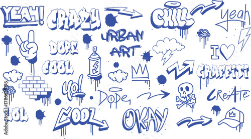 Collection of urban graffiti style hand drawn doodle elements featuring words symbols and illustrations
