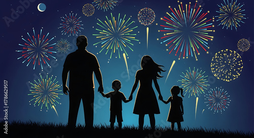 Family watching fireworks celebration at night background