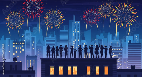 Celebration Fireworks Over City Skyline With People on Rooftop